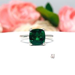 Lab Emerald 8mm Cushion Ring