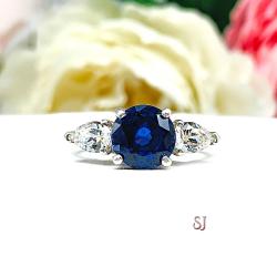 Round Lab Blue Sapphire Pear CZ 3 Stone Sterling Silver Ring
