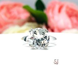 Natural White Topaz Round Solitaire Ring - Sterling silver setting