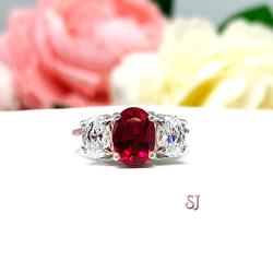 Lab Ruby and CZ Oval Three Stone Ring