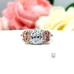 Swarovski Morganite Oval Three Stone Cubic Zirconia Engagement Ring