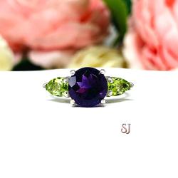 Natural Amethyst Peridot Three Stone Ring