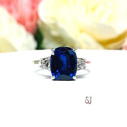 Lab Blue Sapphire Elongated Cushion Cut Ring 10x8mm Round CZ Accents