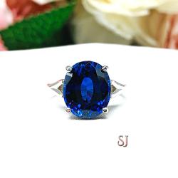 Lab Blue Sapphire Oval Sterling Silver Ring