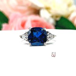 Lab Blue Sapphire Cushion Cut CZ Trillions Ring
