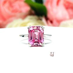 Lab Padparadscha Sapphire Emerald Cut Ring Sterling Silver Double Prong Size 6