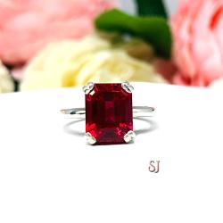 Lab Created Ruby Emerald Cut Ring Double Prong Size 5 Sterling Silver