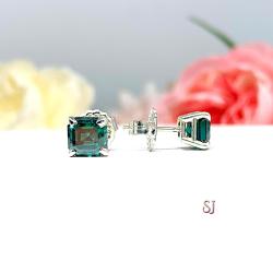 Emerald Green Asscher Moissanite Stud Earrings Authentic