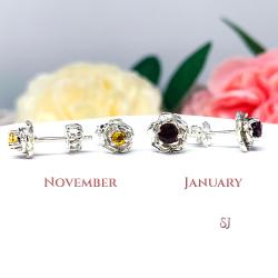 Birthstone Rose Sterling Silver Stud Earrings - 3mm or 4mm round gemstones