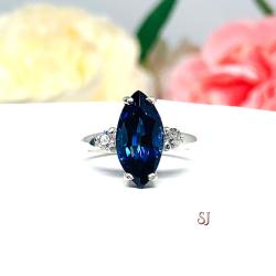 Lab Blue Sapphire Marquise Round CZ Ring