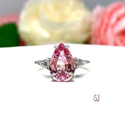 Lab Padparadscha Pink Sapphire Pear Ring Round CZ Accents