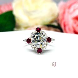 Round Cubic Zirconia Lab Ruby Art Deco Antique Inspired Engagement Ring