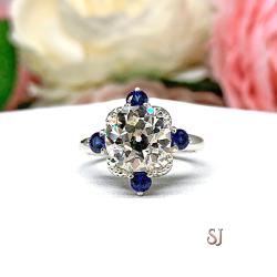 Old European Cut or Round Cubic Zirconia Lab Blue Sapphire Art Deco Antique Inspired Engagement Ring