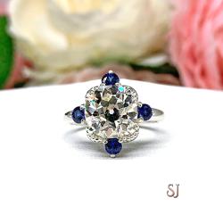 Round CZ Old European Cut Lab Blue Sapphire Engagement Ring Art Deco Antique Inspired