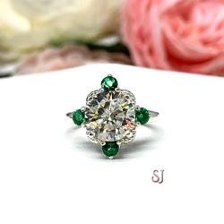 Round CZ Lab Created Emerald Engagement Ring - Round Brilliant - Old European Cut - Art Deco - Sterling Silver
