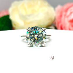 Round Steel Blue Moissanite Engagement Ring Sterling Silver Knife Edge 6 Carats Authentic Size 6