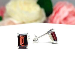 Red Garnet Emerald Cut Stud Earrings - Mozambique garnet gems - Sterling silver basket settings - January birthstone gift