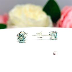 Aquamarine Blue Moissanite Stud Earrings – 1 carat total weight – Round lab-grown stones in Sterling Silver or Gold Settings
