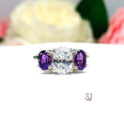 Oval Cubic Zirconia Natural African Amethyst Three Stone Ring