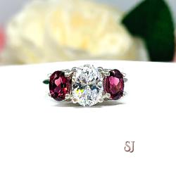 Oval CZ with Natural Rhodolite Garnet Oval Three Stone Ring