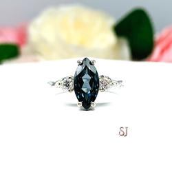 London Blue Topaz Marquise with Moissanite Accents Twist Milgrain Band Ring