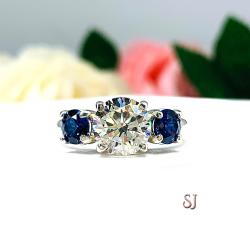 Round CZ Lab Blue Sapphire 3 Stone Engagement Ring Tulip Design