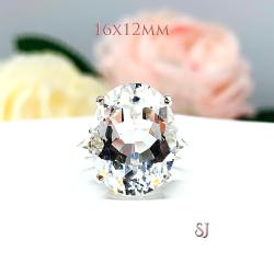 Natural White Topaz Oval Solitaire Ring - Sterling silver split shank statement setting