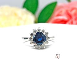 Round Lab Blue Sapphire CZ Halo Ring Sterling Silver