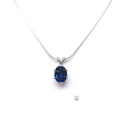Lab Blue Sapphire Oval Pendant Sterling Silver Necklace Six Prong September Birthstone