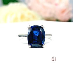Lab Blue Sapphire 10x8mm Elongated Cushion Ring