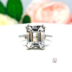 Lab White Sapphire Emerald Cut Ring Double Prong