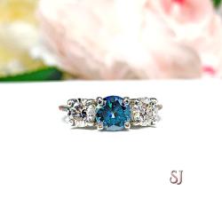 Round London Blue Moissanite 3 Stone Sterling Silver Ring Size 6 Authentic