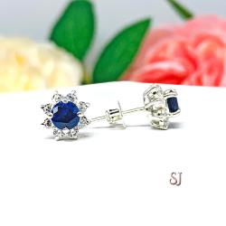 Round Lab Blue Sapphire CZ Stud Earrings Halo Cluster