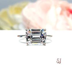 Elongated Asscher CZ Engagement Ring East West Horizontal 10x8mm Near Colorless CZ Size 6