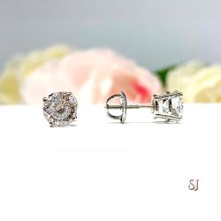 Round Portuguese Cut Moissanite Stud Earrings - 14k white gold screw back settings - Authentic stones 2 ct total