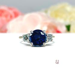 Lab Blue Sapphire Blue Moissanite 3 Stone Engagement Ring Sterling Silver Authentic