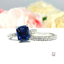 Lab Blue Sapphire Emerald Cut Engagement Ring CZ Pave Accents Sterling Silver Optional Matching Band