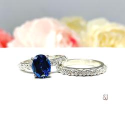 Lab Blue Sapphire Oval Engagement Ring CZ Pave Accents Sterling Silver Optional Matching Band