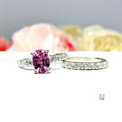 Lab Pink Sapphire Oval Engagement Ring CZ Pave Accents Sterling Silver Optional Matching Band