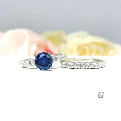 Lab Blue Sapphire Round Engagement Ring CZ Pave Accents Sterling Silver Optional Matching Band