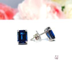 Lab Blue Sapphire Emerald Cut Stud Earrings