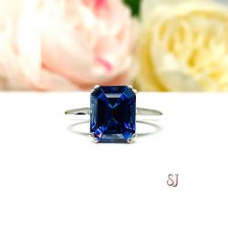 Lab Blue Sapphire Emerald Cut Double Prong Ring