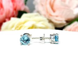 Round Sky Blue Topaz Stud Earrings - 6mm genuine gemstones - Sterling silver basket settings - March birthstone gift alternative