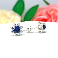 Lab Blue Sapphire CZ Halo Stud Earrings – 5mm-6.5mm Round, Sterling Silver