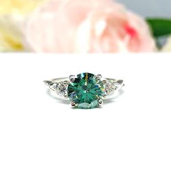 Green Moissanite 3 Stone Ring – Sterling Silver Milgrain Twist Band – White Moissanite Accents