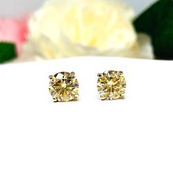 Champagne Moissanite Stud Earrings – 14k Yellow Gold – 6.5mm & 7mm Round – Authentic Stones
