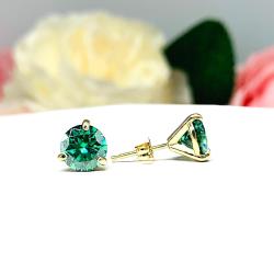 Emerald Green Moissanite Stud Earrings – 14k Gold – Round Martini Setting – Authentic Stones