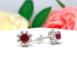 Round Lab Ruby CZ Halo Stud Earrings -  Three size options - Sterling silver settings