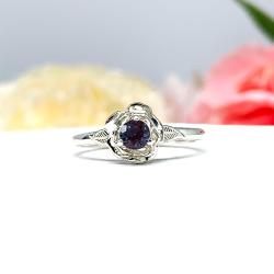 Birthstone Rose Solitaire Ring - 4mm round gemstones - Sterling silver flower setting