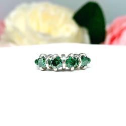 Emerald Green Moissanite Ring – 4 Stone Sterling Silver Band – Genuine Moissanites